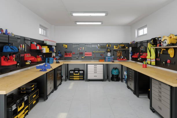 Organized La Jolla garage with sleek wood cabinets