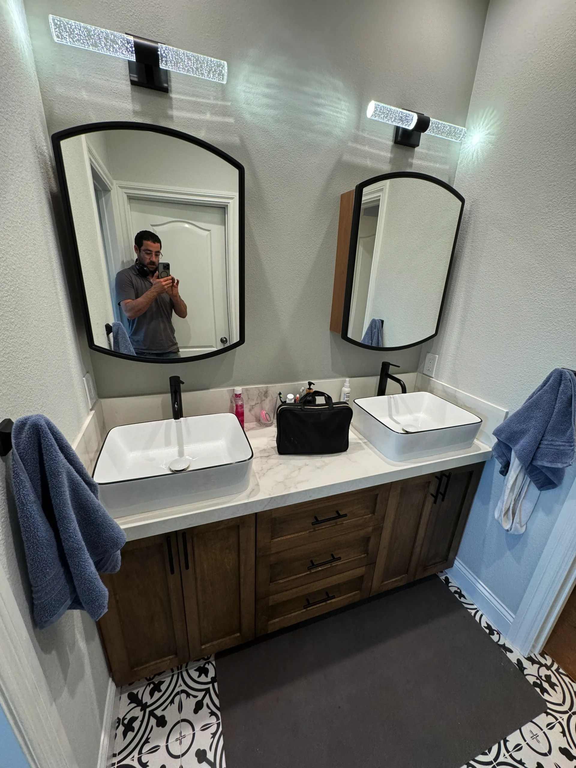 floating double bathroom vanity with vessel sinks