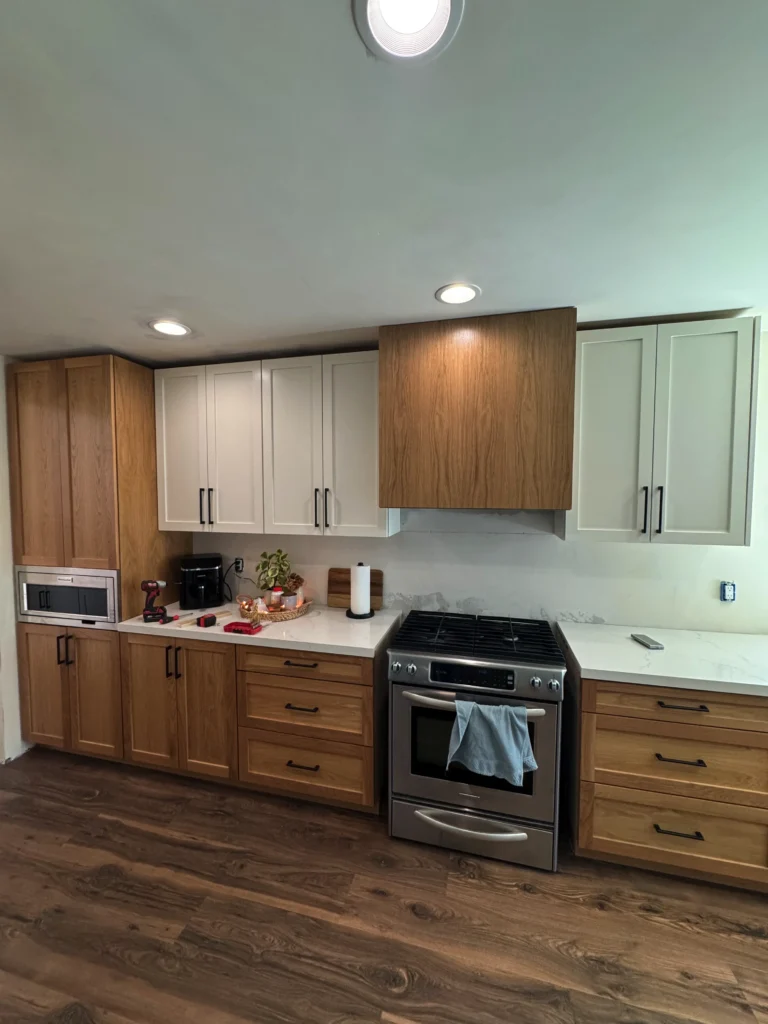 natural wood kitchen island with white quartz countertop in Escondido