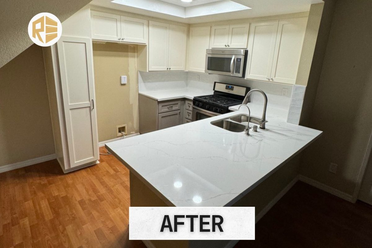 Finished kitchen featuring handcrafted cabinets by Reza Custom Cabinet & Vanity