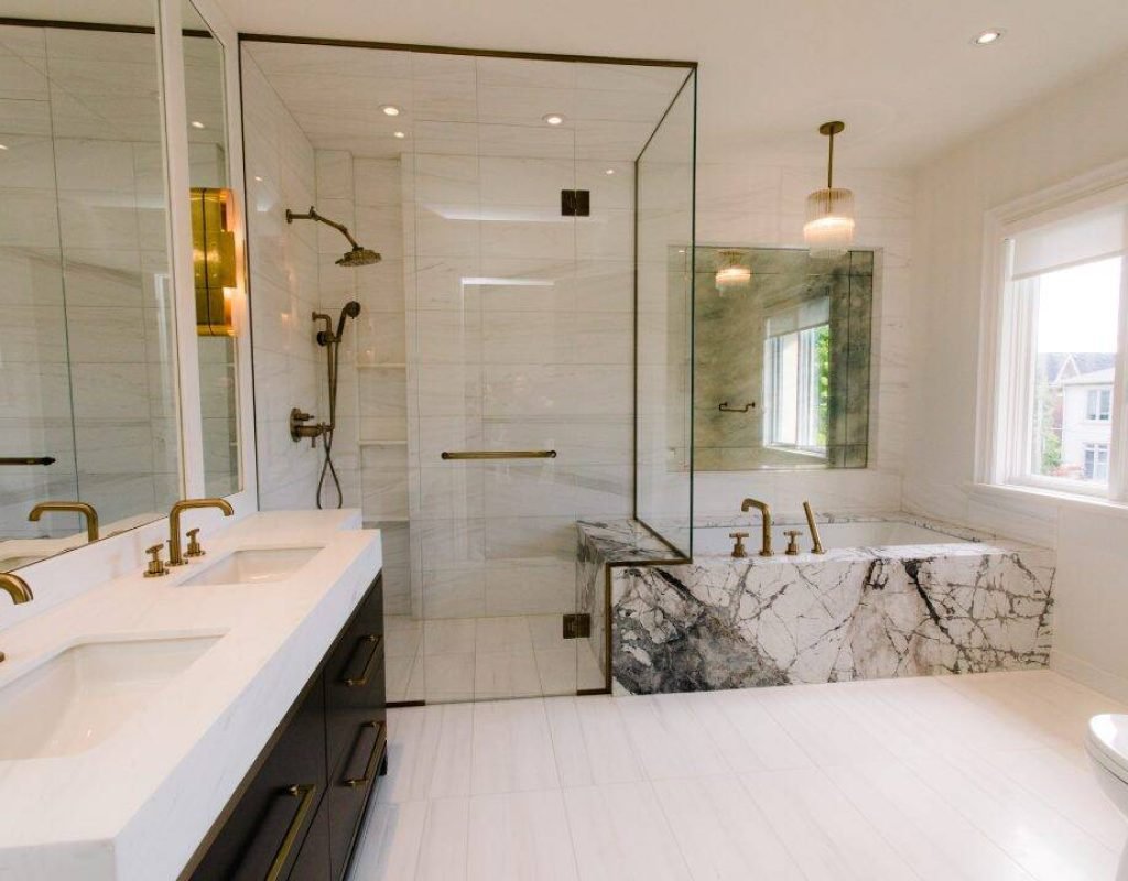 Modern bathroom remodel with custom vanity in La Jolla home