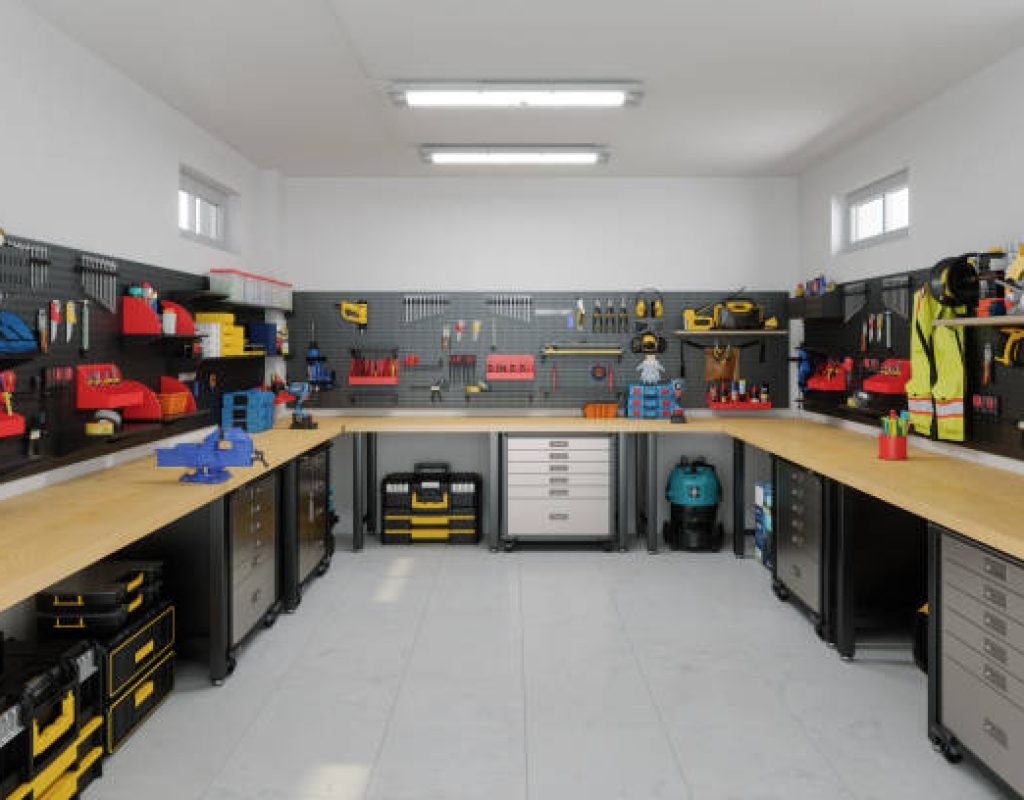 Organized La Jolla garage with sleek wood cabinets
